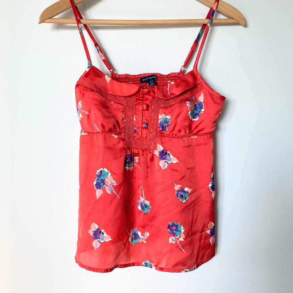 Red American Eagle Floral Silk Baby Doll Cami